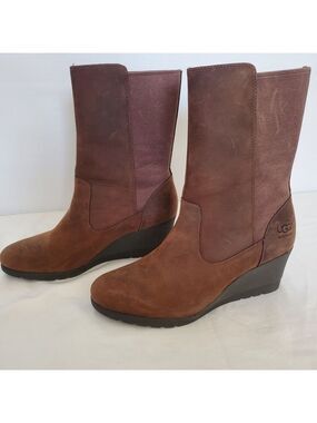 UGG 'CORALINE' BOOTS WATERPROOF NUBUCK LEATHER WEDGE HEEL BROWN WOMENS (8.5)